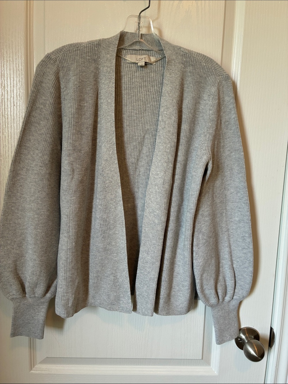 LOFT Gray Open-Front Balloon Sleeve Cardigan